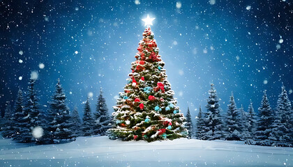 snowflakes fall gently colorful christmas tree surrounded snowy scenes empty space decoration festive holiday cheer