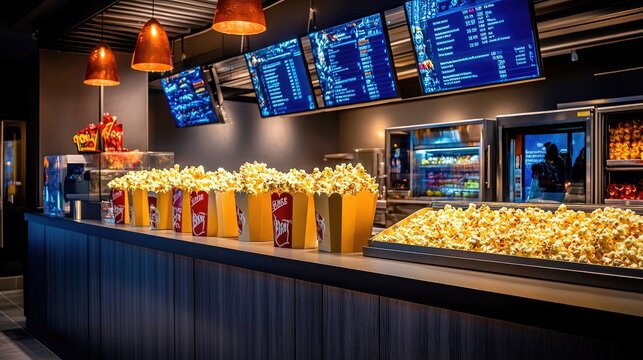 A concession stand at a movie theater with rows of popcorn in yellow and red containers.