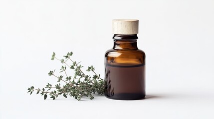 Dark Glass Bottle of Essential Oil with Fresh Thyme Branches on a White Background