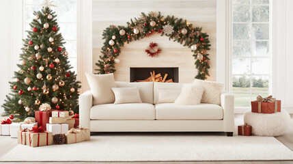 Christmas living room scene with a soft off-white sofa. In the background, a warmly lit Christmas tree glows, decorated with red, gold, and pastel ornaments.