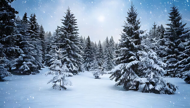 snowflakes fall gently frosty pine branches amidst winter wonderland scenery christmas trees standing tall snowy landscape