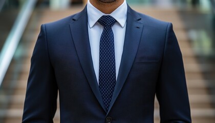 Professional business consultant in a tailored suit standing on outdoor stairs