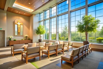 Serene Hospital Chapel Interior - Minimalist Design with Natural Light and Calming Colors for Contemplation and Spiritual Reflection