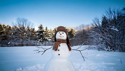 Fototapeta premium snowman stands tall winter landscape christmas season serene frozen surroundings icy atmosphere