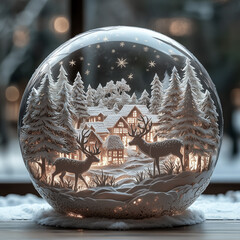 Magical paper-cut diorama of a cozy village in a glass globe, illuminated by warm lights, with deer, snow-covered pine trees, and snowflakes under a starlit sky. Holiday charm, winter wonderland. 