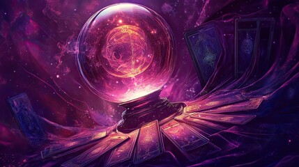 A psychic-themed background with a glowing crystal ball, tarot cards, and swirling mystical energy against a deep purple backdrop.