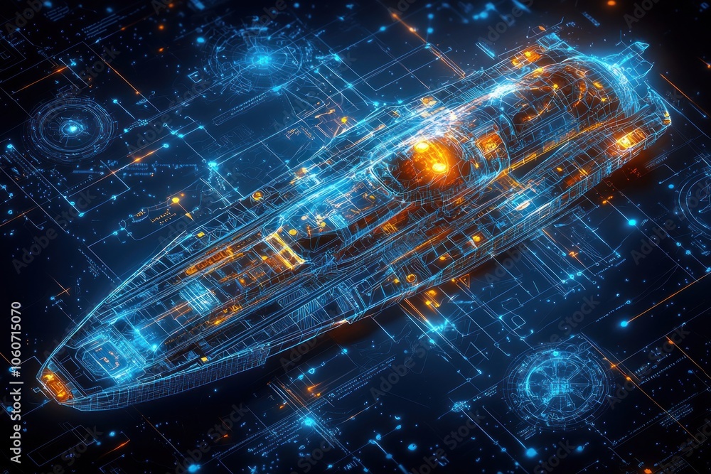 Poster Futuristic Spaceship Blueprint with Glowing Lines and Circuitry