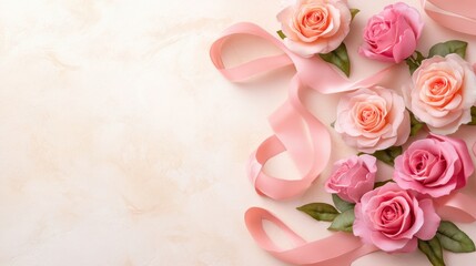 Pink roses and ribbons on a soft beige background create a romantic, elegant scene, AI