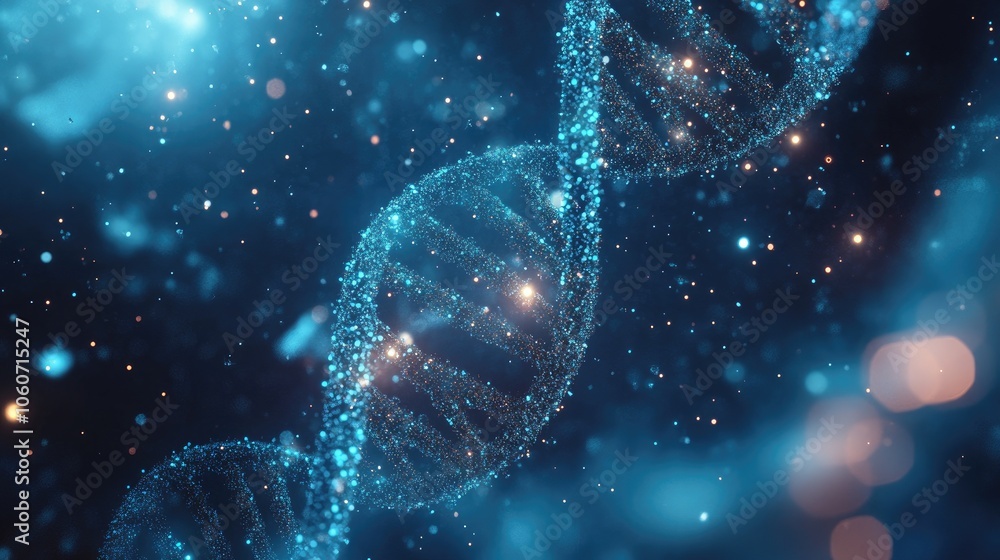 Poster abstract science background with swirling particles, dna strands, and holographic data elements floa