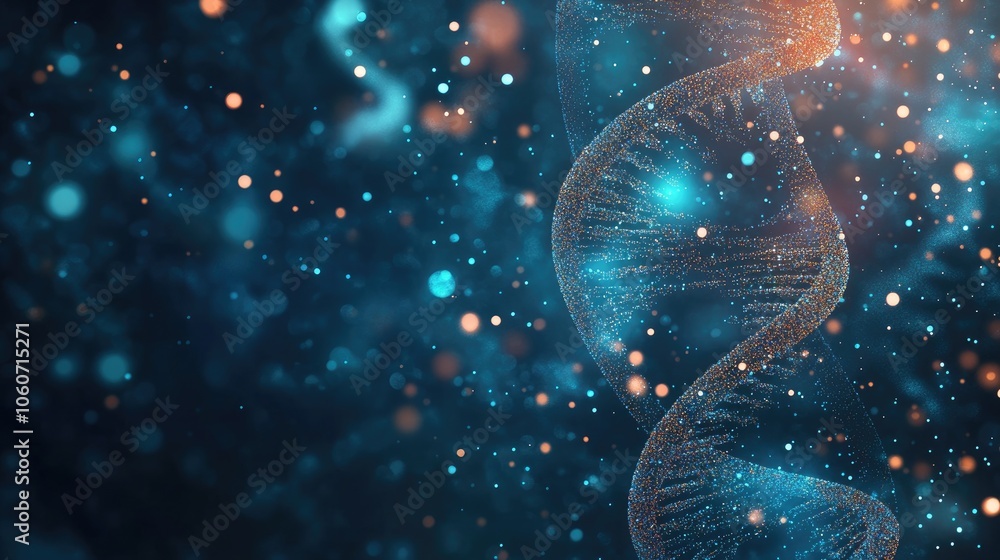 Poster abstract science background with swirling particles, dna strands, and holographic data elements floa