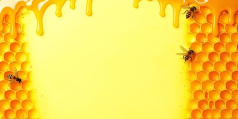 A seamless pattern of golden honeycomb shapes and dripping honey on a rustic background, sweet, golden