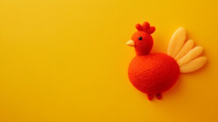 A cute felted orange chicken with yellow wings against a bright yellow background.