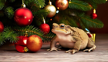 tad sitting next christmas decoration near fir tree festive ornaments