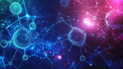 Obraz premium Dynamic science background with a network of molecular structures, neuron connections, and scientific symbols in a modern design.