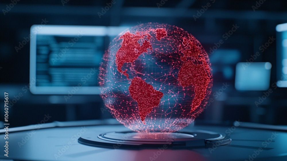 Poster high-tech scanner in a cyber universe - futuristic globe with vibrant projections and hybridized sur