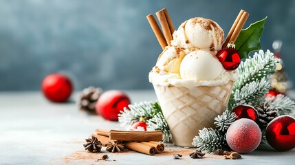 Ice cream scoops in a waffle cone decorated with cinnamon sticks and red ornaments, surrounded by festive pine branches and spices.