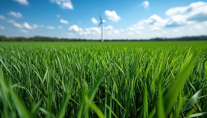 Obraz premium Wind turbine stands tall over a lush green grass field promoting sustainable energy