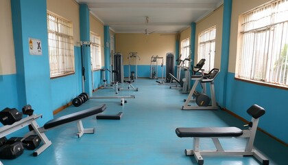 Spacious gym room equipped with various exercise machines and free weights