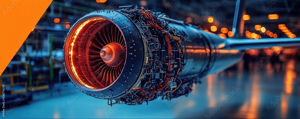 Poster close-up of an airplane engine with glowing blades and intricate wiring