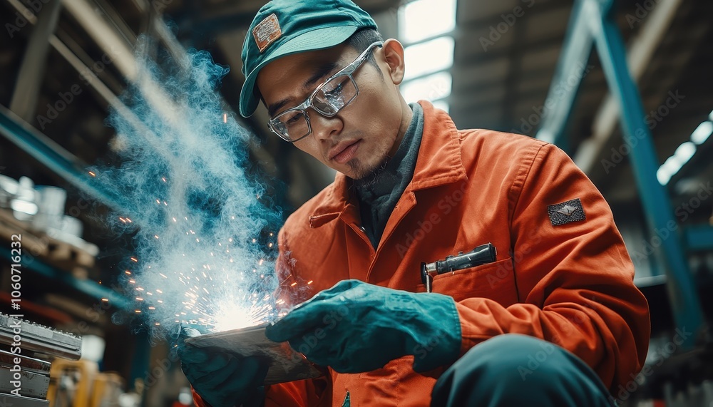 Poster engineer controlling robotic welding arm in an intelligent factory environment