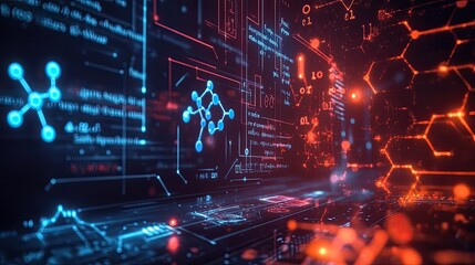 Science-themed backdrop with glowing chemical formulas, molecular models, and atoms against a dark, high-tech background.