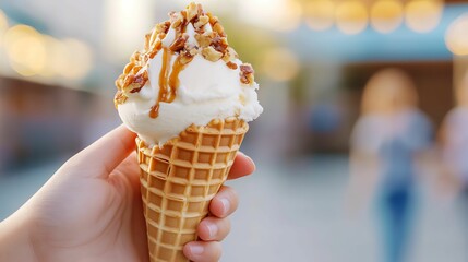 Closeup of a vanilla ice cream cone topped with caramel drizzle and chopped nuts, held in hand with blurred outdoor background.
