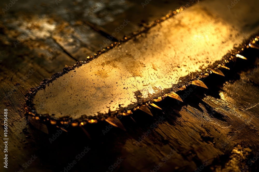 Poster close-up of a chainsaw blade with sharp teeth