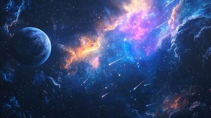 Vibrant space background with shooting stars, a distant planet, and swirling nebula clouds, showcasing the beauty of the cosmos.