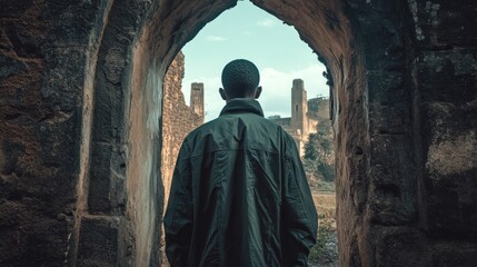 Naklejka premium Ethiopian man poses near ancient archway