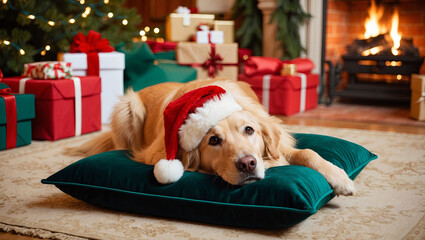 A golden retriever wearing a Santa hat rests on a pillow surrounded by Christmas presents in a cozy living room setting