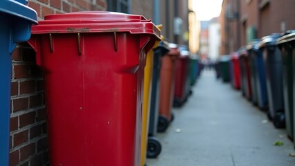 urban alleyway with trash bins, realistic and colorful