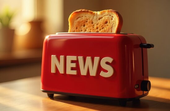 letter "news" on red toaster with freshly baked toast, morning sun rays