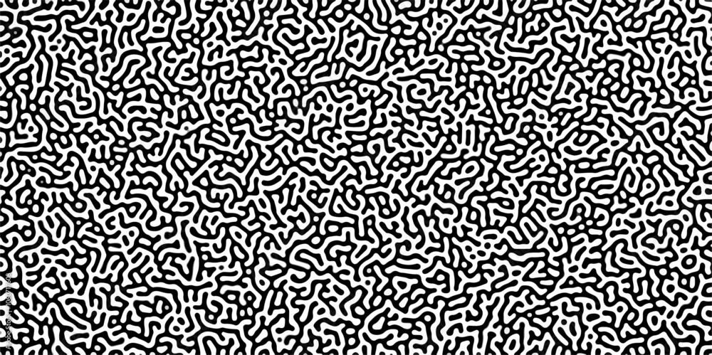 Poster Turing reaction diffusion monochrome seamless pattern with chaotic motion .Linear design with biological shapes. Organic lines in memphis. abstract turing organic wallpaper background .	
