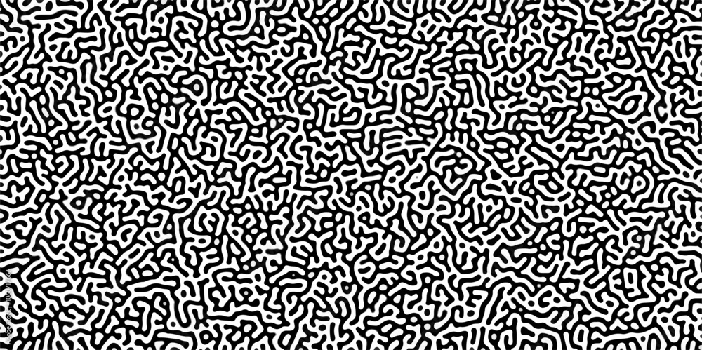 Poster Turing reaction diffusion monochrome seamless pattern with chaotic motion .Linear design with biological shapes. Organic lines in memphis. abstract turing organic wallpaper background .	
