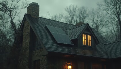 Close-up view of solar panels installed on a roof during an overcast evening