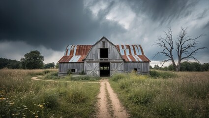 Rustic farmhouse landscape with an old barn under a cloudy sky. Created with generative AI technology