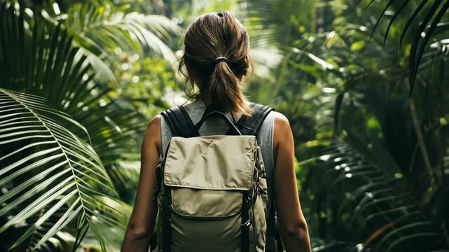 A woman walks through a lush jungle, her backpack filled with supplies for her adventure