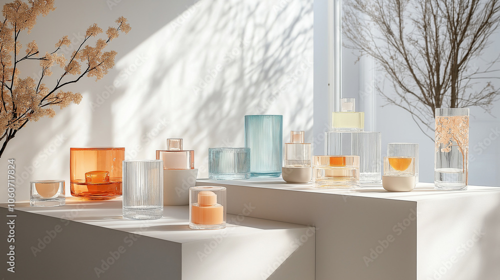 Poster elegant glass containers in various shapes and colors create serene display