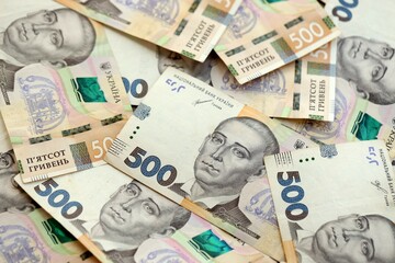 Ukraine money 500 hryvnia background. Ukrainian finance, salary, pension, donations, taxes