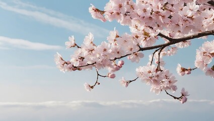 Spring cherry blossoms in soft pinks against a light blue sky. Created with generative AI technology