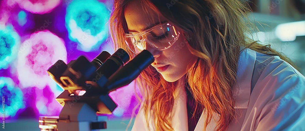 Poster Female Scientist Examining Sample Under a Microscope with Colorful Background