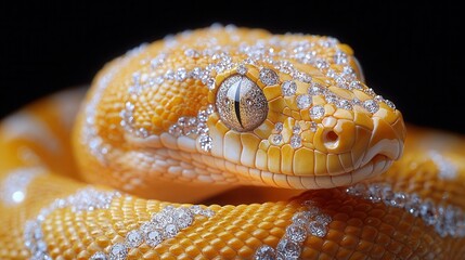 Fototapeta premium closeup of a luxurious yellow snake adorned with diamonds and rhinestones showcasing opulence and glamor perfect for a highfashion or jewelrythemed concept