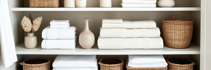 Organized linen closet, white towels, woven baskets, wooden shelves, minimalist storage, neutral color palette, clean aesthetic, bathroom essentials, folded linens, tidy arrangement, home organization