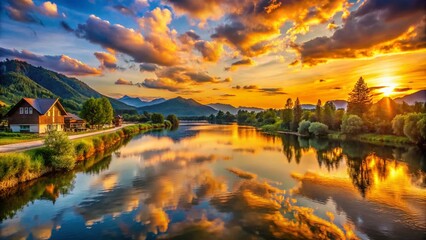 Obraz premium Serene Sunset Over the River with Mountains and Clouds - Architectural Photography of Nature's Beauty at Dusk