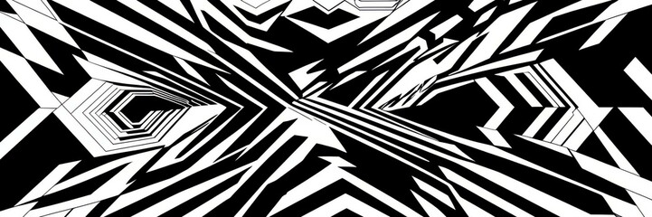 Op art, geometric patterns, black and white, abstract design, concentric squares, diagonal lines, hypnotic illusion, high contrast, symmetrical composition, optical illusion, tessellation, graphic art
