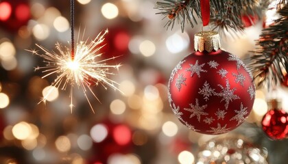 A sparkler shines brightly amid festive decorations during New Year's celebration