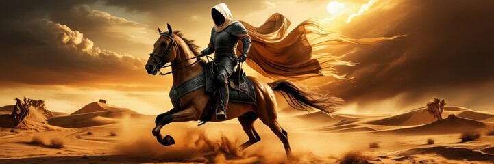 Fototapeta premium Desert landscape, galloping black horse, cloaked rider, dramatic sunset, swirling sand, golden sky, silhouette, motion blur, epic fantasy scene, desert dunes, intense lighting, cinematic composition, 