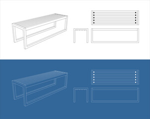 Set bench vector technical drawing blueprint line illustration isolated on transparent background.