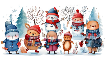 watercolor design features various winter characters white background