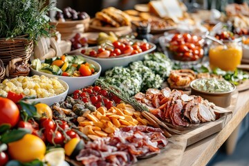 A delicious spread of various foods on a wooden table. This photo is perfect for illustrating catering, buffet, or food blog articles.